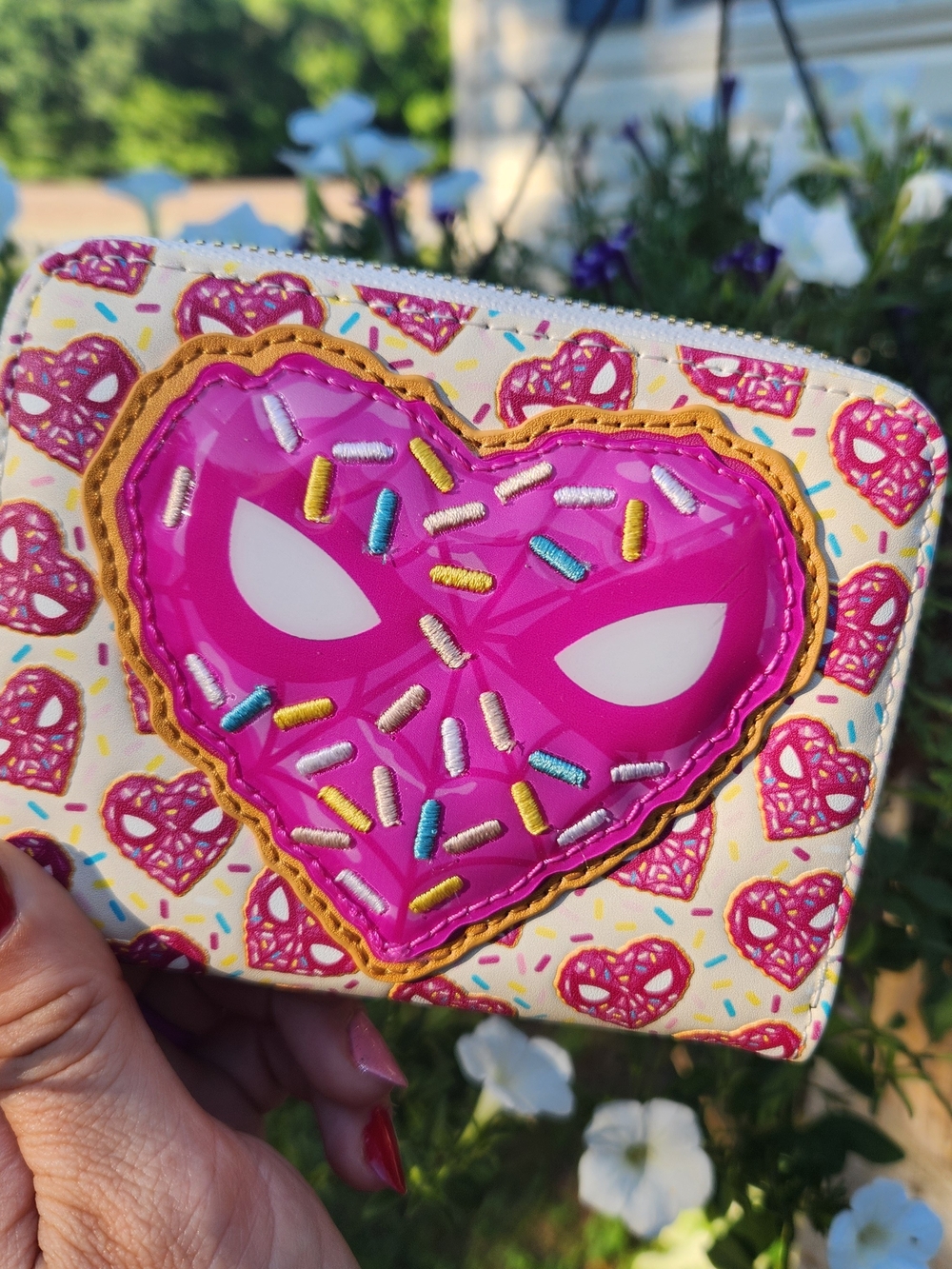 Loungefly Pink Heart Sprinkles Spiderman Zip Wallet with Gold Stitching